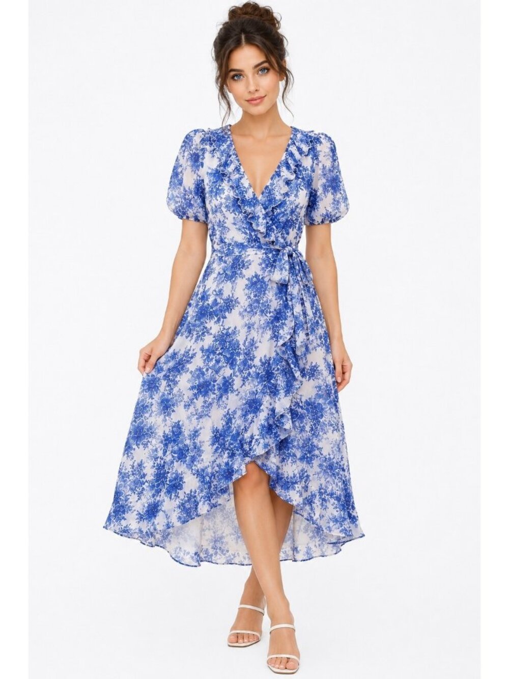 Kate And Lily Blue White Floral Wrap Midi Dress Puff Sleeve Cottagecore Size 8